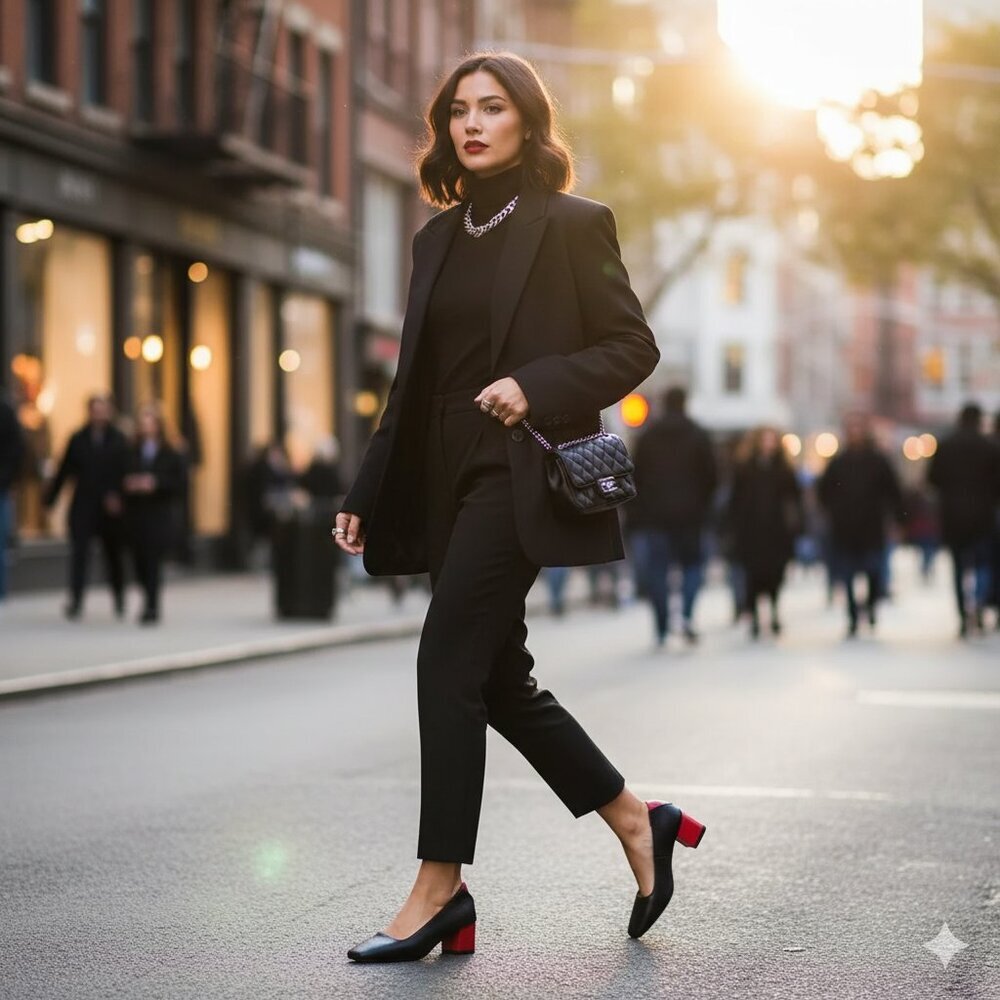 Jaggar Split Square Toe Leather Pump Black with Red Casual Everyday